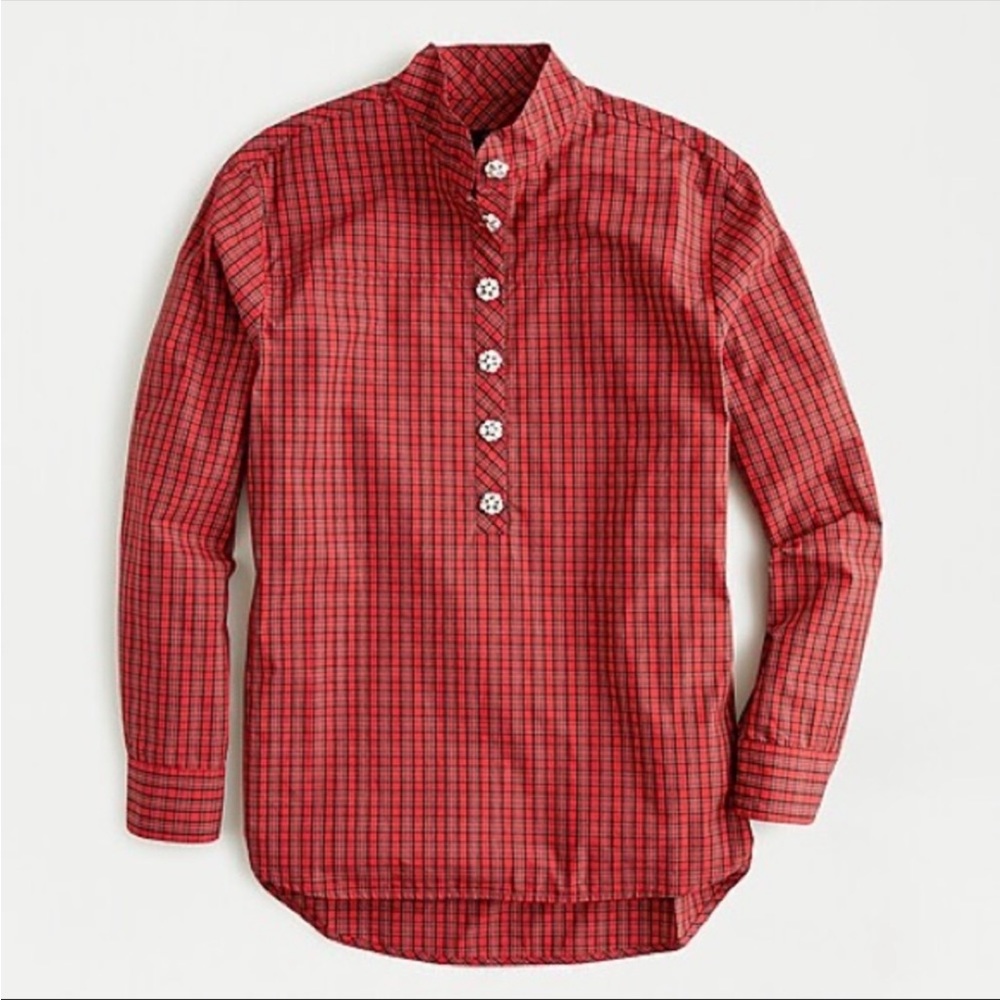 J Crew Womens Red Tartan Dabir Jeweled Button Tunic 14